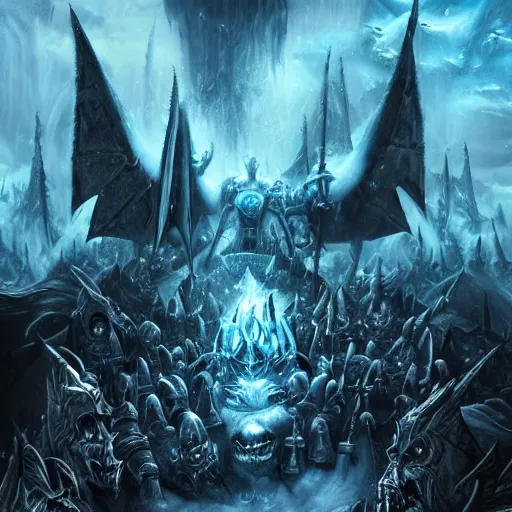 Prompt: vast ice dungeon, arthas the lich king summoning a horde of undead warriors, warcraft, warcraft artwork, mixed art, cinematic light, majestic, hyperrealistic, hyper detailed, dark fantasy, gritty