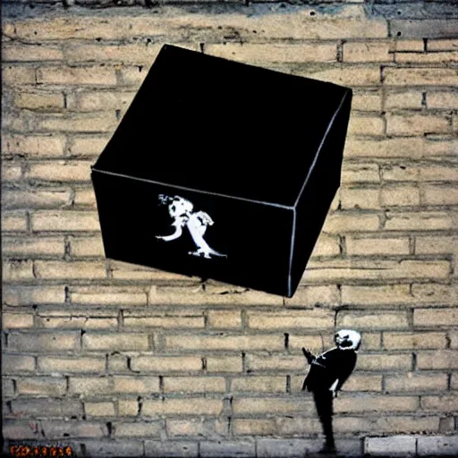 Image similar to banksy graffiti on mysterious black royal embroidered cube, 1 9 9 9 aesthetic