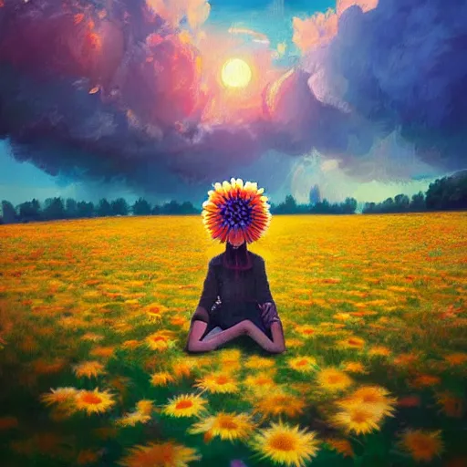 Image similar to giant daisies flower as head, girl sitting in a flower field, surreal photography, sunrise, dramatic light, impressionist painting, colorful clouds, digital painting, artstation, simon stalenhag