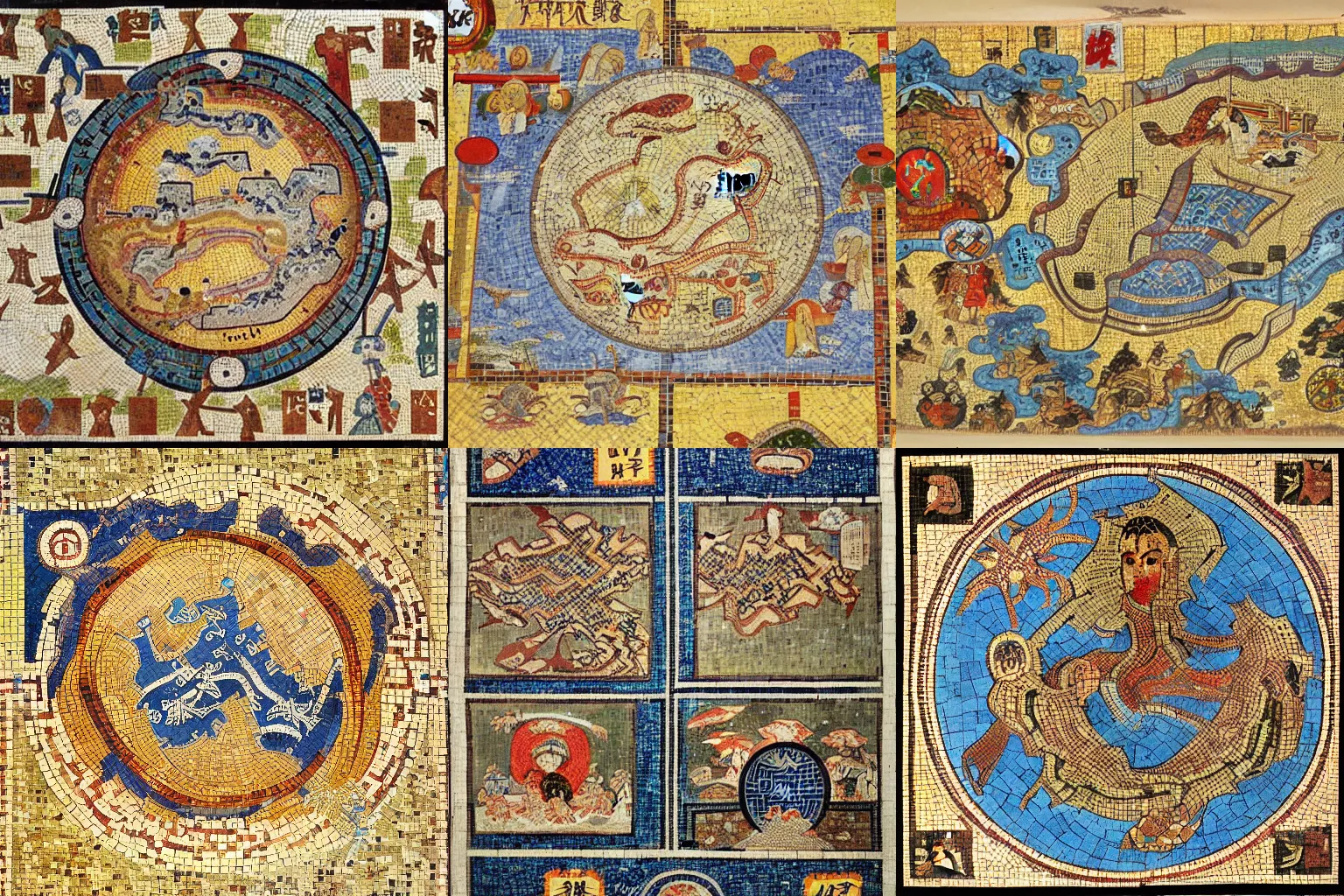 Prompt: Byzantine mosaic map of Japan featuring several Yokai and Kanji