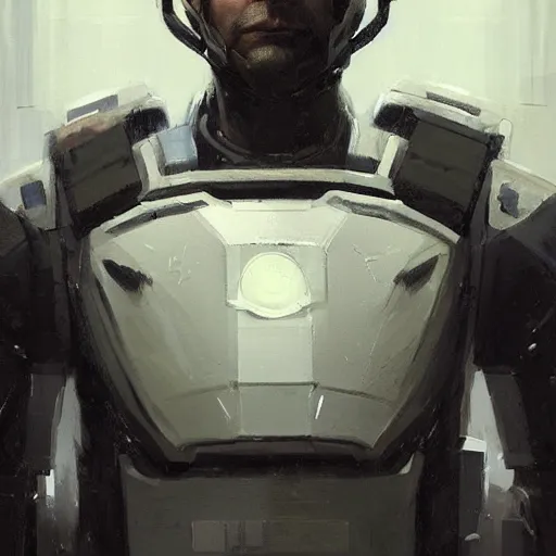 Image similar to Portrait of a man by Greg Rutkowski, he is about 50 years old, his features are a mixture between polish and persian, messy black short hair, tall and slim, tired expression, respectable authority figure, he is wearing a futuristic space gear, highly detailed portrait, scifi, digital painting, artstation, concept art, smooth, sharp foccus ilustration, Artstation HQ.