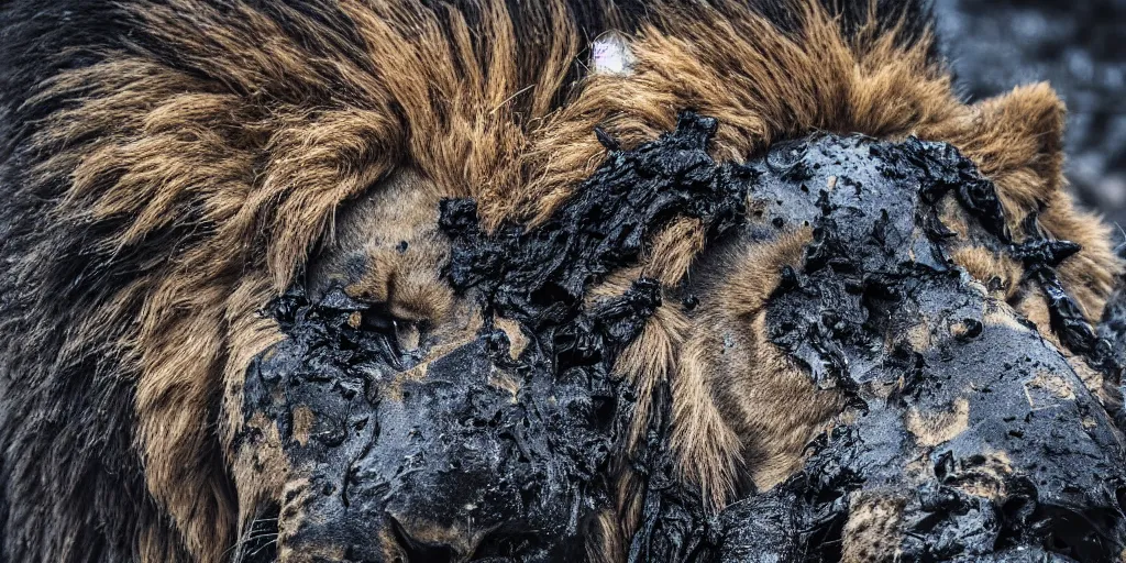 Image similar to a lion made of tar bathing inside the tar pit, full of tar, covered with liquid tar. dslr, photography, realism, animal photography, color, savanna, wildlife photography
