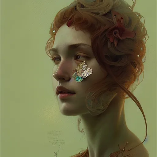 Prompt: A girl wearing psilocybin, face, detailed, intricate, elegant, highly detailed, digital painting, artstation, concept art, smooth, sharp focus, illustration, art by Krenz Cushart and Artem Demura and alphonse mucha