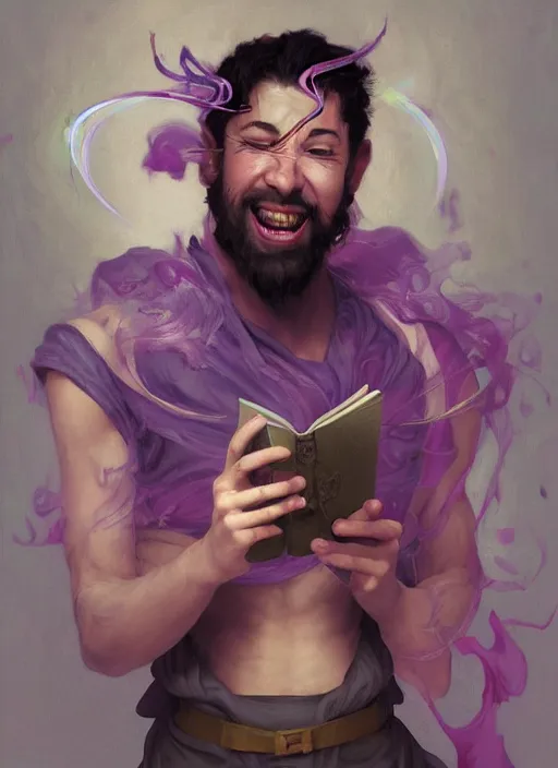 Image similar to character concept portrait of an attractive young laughing Spanish wizard with pink skin conjuring a love spell, a floating iridescent spell book in the center, intricate, elegant, digital painting, concept art, smooth, sharp focus, illustration, from Metal Gear, by Ruan Jia and Mandy Jurgens and William-Adolphe Bouguereau, Artgerm