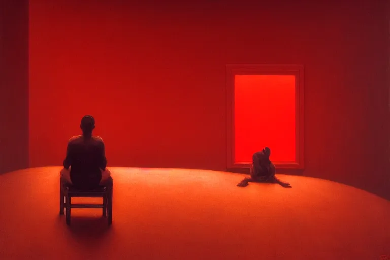 Image similar to only with red, netflix studios with workers at work, a big mickey mouse head in the middle, in the style of beksinski, parts by edward hopper, parts by rodcenko, parts by yue minjun, intricate and epic composition, red by caravaggio, insanely quality, highly detailed, masterpiece, red light, artstation, 4 k