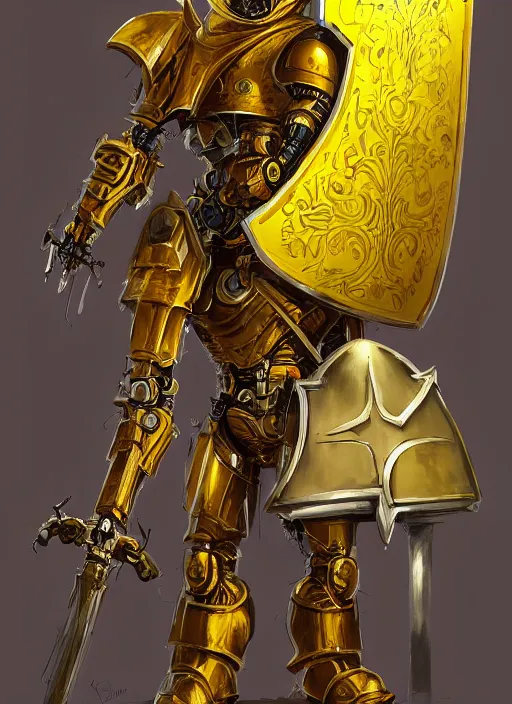 Prompt: dynamic portrait of a intricate glorious holy mechanical warforged pit droid character in yellow armor holding a paladin engraved great longsword and carrying a big shield, epic , trending on ArtStation, cinematic lighting, by Jesper Ejsing