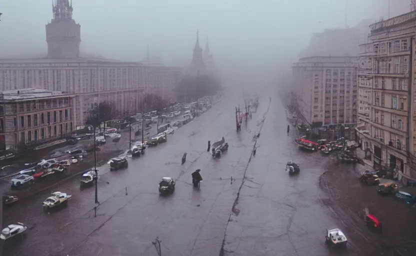 Prompt: 1990s historic footage of a sovietic street with pedestrians, aerial view from a drone, aerial view Cinestill 800t 18mm, heavy grainy picture, very detailed, high quality, 4k panoramic, rain, mud, foggy