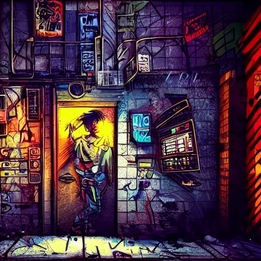 Image similar to graffiti on a wall in a run down building, happy mood, cyberpunk, futuristic, neon, high detail, golden light, realistic