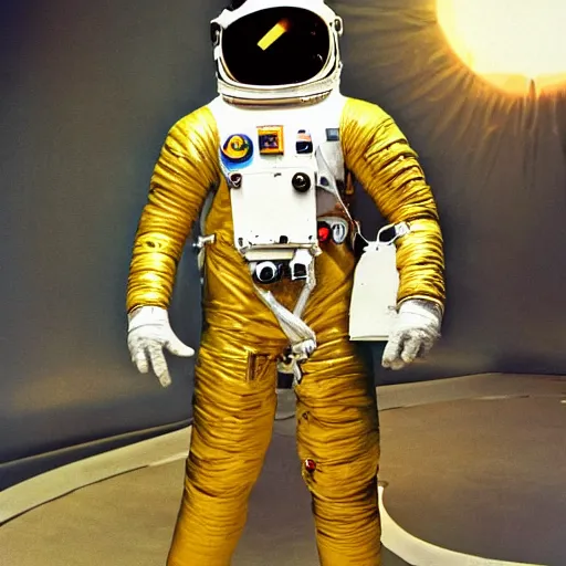 Image similar to medium - shot low - angle outside studio, golden hour, pale young david bowie!! in a space suit with open helmet, face visible, nasa, by warhol,