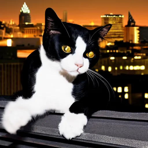 Prompt: photo of a Tuxedo Cat wearing a top hat, sitting on a rooftop at night time, Philadelphia skyline at night in the background