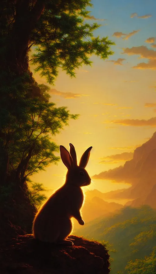 Image similar to hyper realistic rabbit looking off of a cliff, sun setting behind rabbit silhouette, lush forest in valley below, painted by craig mullins, j. c. leyendecker 8 k