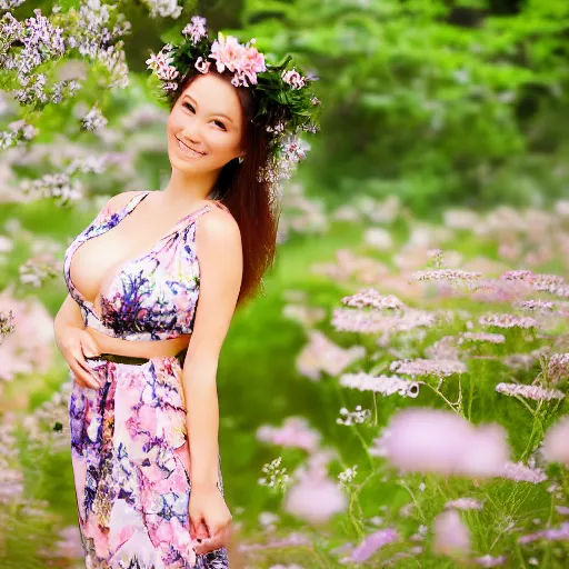 Image similar to buxom brunette beauty, dreamy, hazy, in an arboretum, dressed in flowers, smiling at the camera, sunset, macro, directed by a japanese studio