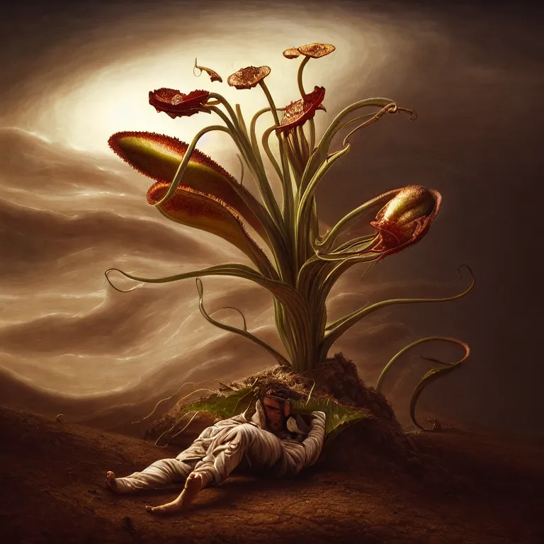 Image similar to carnivorous plant, young white man, in desert, dune, baroque portrait painting, beautiful detailed intricate insanely detailed octane render trending on Artstation, 8K artistic photography, photorealistic, chiaroscuro, Raphael, Caravaggio