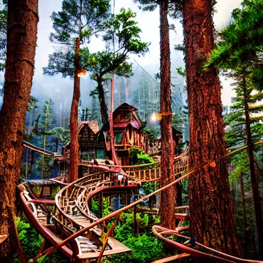 Image similar to professional photo of a tree top town similar to level of donkey kong country, by discovery magazine, real life, photorealistic, soft focus, long exposure