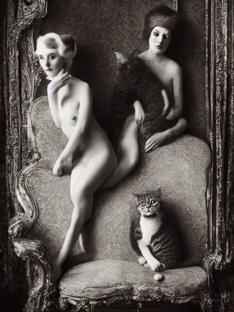 Prompt: old monochrom photography of a beautiful cat automato in a victorian decor, man ray, alfred ghisoland, gregory crewdson, miss aniela, erwin olaf, 4 k,