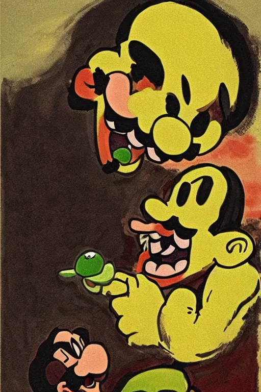 Image similar to mario devouring luigi in the style of saturn devouring his son by goya, digital art, canvas, goya, extremely detailed, clear facial features, grotesque