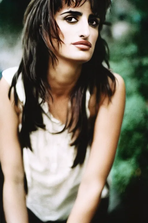 Prompt: photo of penelope cruz, portrait, mid shot, 3 5 mm, kodak gold 2 0 0