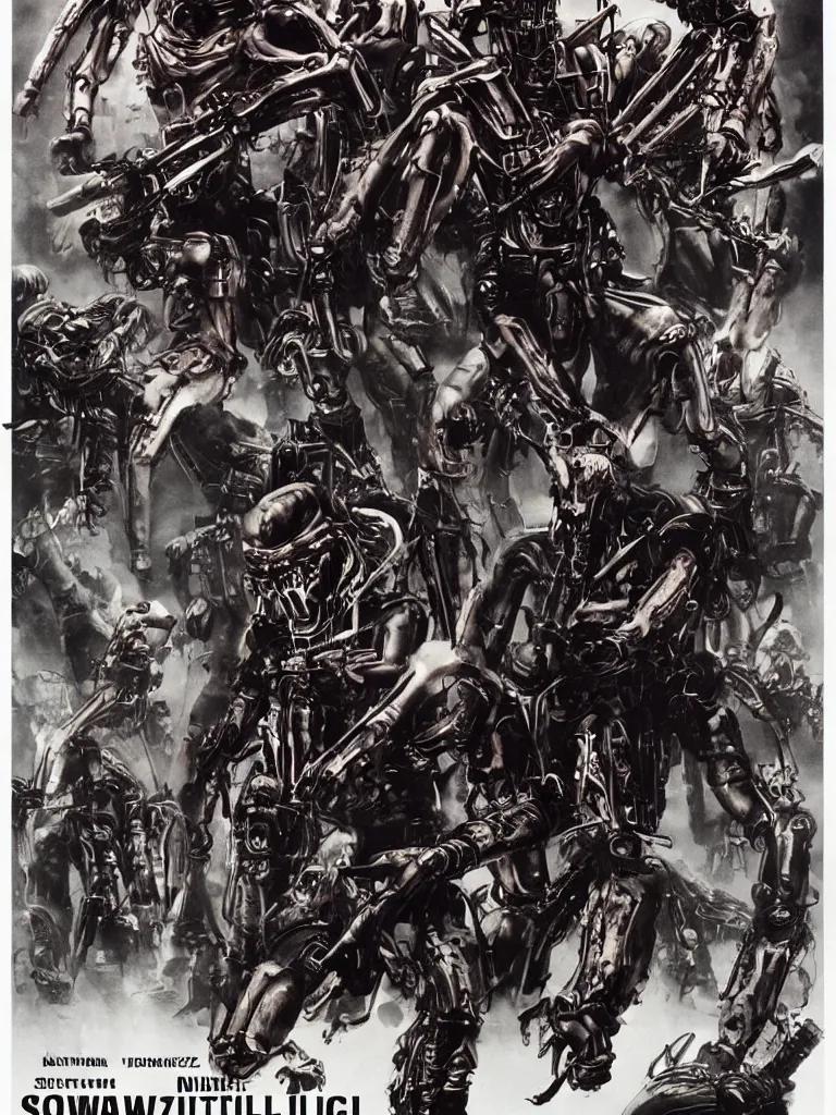 Image similar to Poster for the Movie Schwartzlicht,about Chinese Russian Zombie Troopers Designed By Yasushi Nirasawa battle Japanese America Cyborgs Designed by Syd Mead and Giger, 1970s style, very detailed, text says: Schwarzlicht