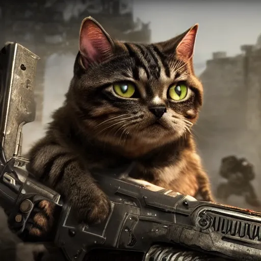 Prompt: lil bub the cat in Gears of War, splash art, movie still, cinematic lighting, dramatic, octane render, long lens, shallow depth of field, bokeh, anamorphic lens flare, 8k, hyper detailed, 35mm film grain