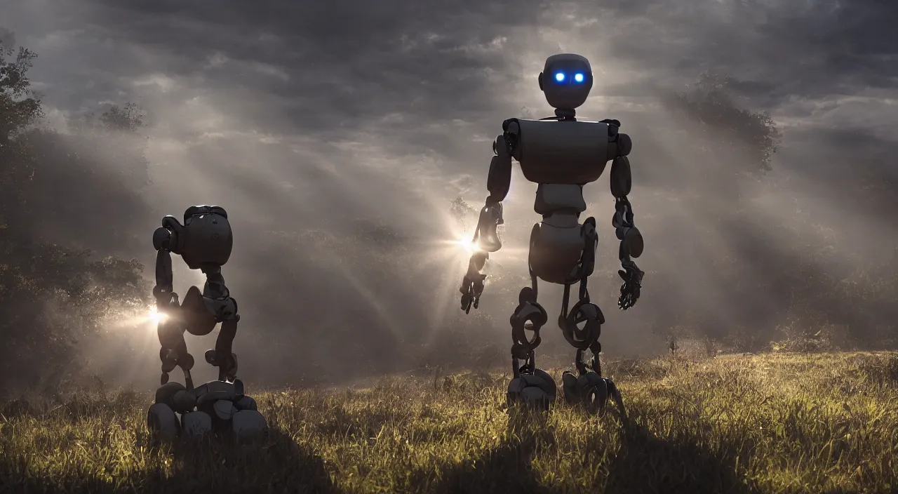 Image similar to a robot in a movie, cinematic shot, sun beams