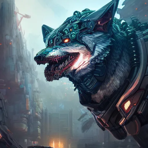Image similar to an angry cyborg wolf apex predator. robotic parts, mech, intricate, epic lighting, cinematic composition, hyper realistic, 8 k resolution, unreal engine 5, by artgerm, tooth wu, dan mumford, beeple, wlop, rossdraws, james jean, marc simonetti, artstation