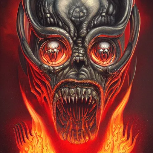 Image similar to giger doom demon portrait of satan, fire and flame, Pixar style, by Tristan Eaton Stanley Artgerm and Tom Bagshaw.