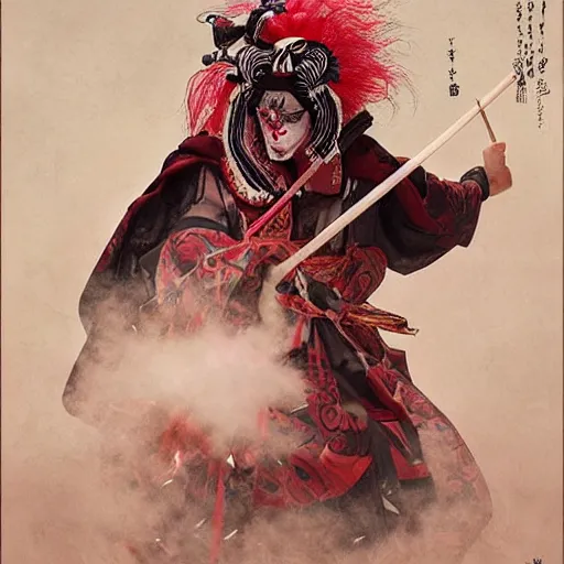 Image similar to an epic portrait of insane kabuki male wielding a spear and doing the nirami covered in a magical mist of insanity, intricate hakama, poofy red wig, eerie, highly detailed, dark fantasy, art by artgerm and greg rutkowski