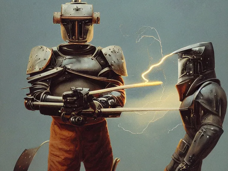 Image similar to a detailed profile painting of a bounty hunter in polished armour and visor. Fencing mask and sparks. cinematic sci-fi poster. Cloth and metal. Welding, fire, flames, samurai Flight suit, accurate anatomy portrait symmetrical and science fiction theme with lightning, aurora lighting clouds and stars. Clean and minimal design by beksinski carl spitzweg giger and tuomas korpi. baroque elements. baroque element. intricate artwork by caravaggio. Oil painting. Trending on artstation. 8k