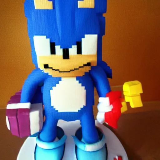 Image similar to pixel art sonic the hedgehog, smiling, holding a birthday cake, saying happy birthday!