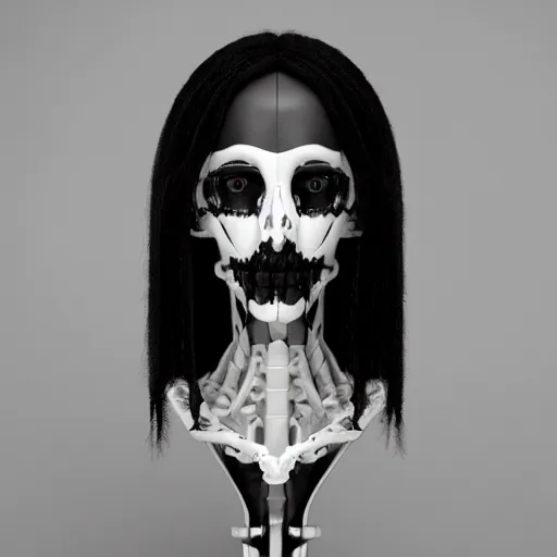 Image similar to black and white dreamy foggy smoky profile face portrait, single skeletal biomechanical beautiful young female cyclops - cyborg - robot bust, body ribs meshes,, volumetric light, rim light, by dora maar and cecile beaton, big gothic fashion pearl embroidered collar, 8 k