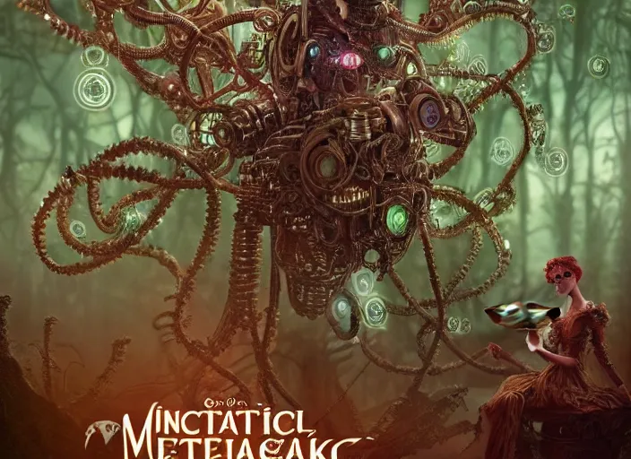 Image similar to intricate mechanical fairy with visible gears having tea with a cyborg gorgon medusa in a magical forest. Very detailed 8k. Fantasy cyberpunk horror. Sharp. Cinematic post-processing