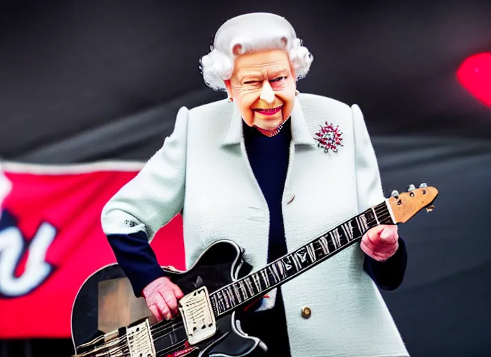 Image similar to photo still of queen elizabeth on stage at vans warped tour!!!!!!!! at age 7 0 years old 7 0 years of age!!!!!!! shredding a guitar on stage, 8 k, 8 5 mm f 1. 8, studio lighting, rim light, right side key light