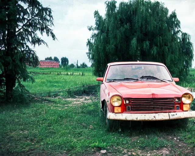 Image similar to a lomographic photo of old lada 2 1 0 7 standing in typical soviet yard in small town, hrushevka on background, cinestill, bokeh