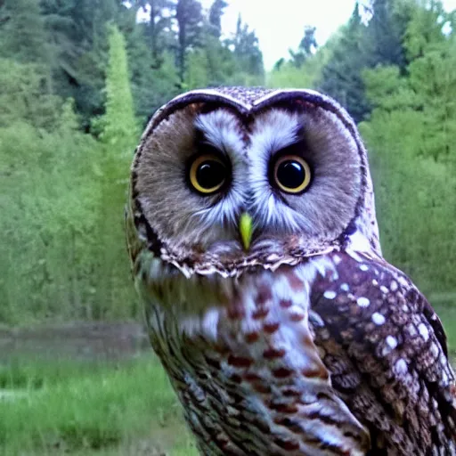 Prompt: trail cam footage of the Duolingo owl