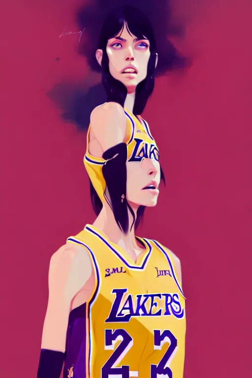 Image similar to a ultradetailed beautiful panting of a stylish woman in a lakers jersey, by conrad roset, greg rutkowski and makoto shinkai, trending on artstation