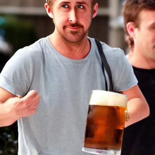 Image similar to ryan gosling drinking beer, high quality photo