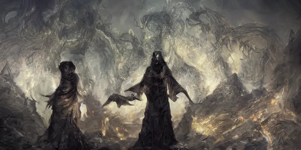 Image similar to portrait of necromancer priest in an invoking ritual in front of a giant cthulhu in a large landscape, intricate, elegant, glowing lights, highly detailed, digital painting, concept art, smooth, sharp focus, illustration, wide - angle portrait, atmospheric lighting, rich deep colors masterpiece, fractal crystals