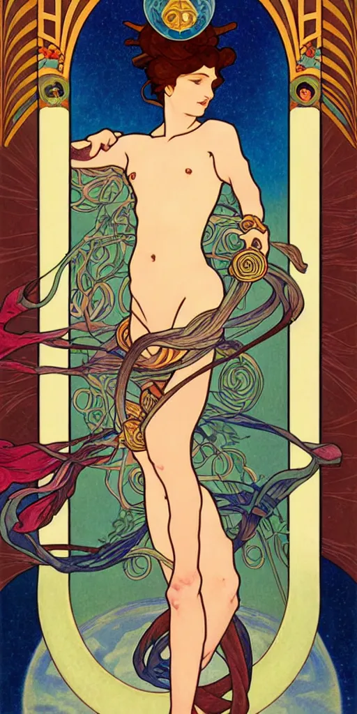 Prompt: the fool, ryder tarot card with an art deco boarder, high quality, digital painting, by studio ghibli and tammara de lempika and alphonse mucha, artgerm