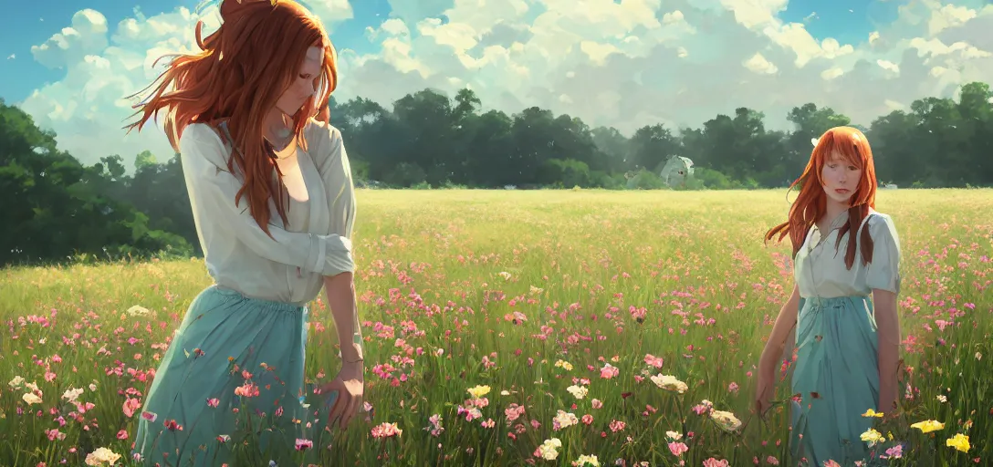 Image similar to a beautiful southern woman named Savannah, innocent, somber turquoise eyes, freckles, long ginger hair tied with white ribbon, relaxed in a field of flowers on a farm, gentle lighting, storm in the distance, western clothing, dress, digital art by Makoto Shinkai ilya kuvshinov and Wojtek Fus, digital art, concept art,