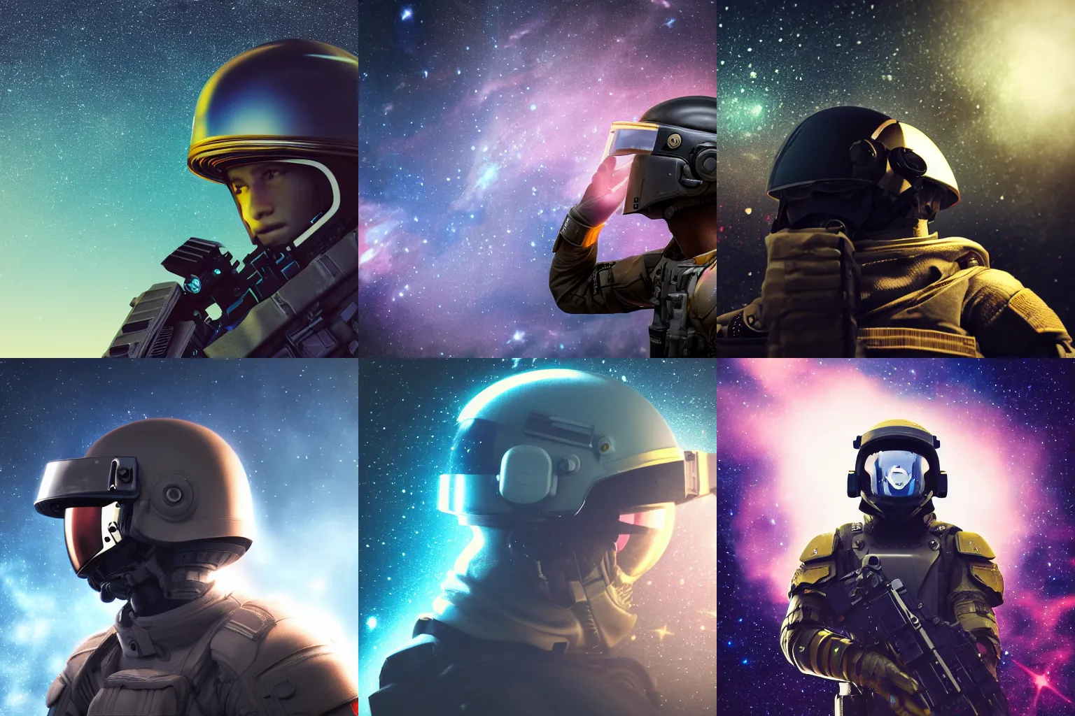 Prompt: high detail close-up photo of a heavily armed soldier floating in space, galaxies reflecting off mirrored helmet visor, starry sky, tranquil, desolate, atmospheric, hazy, autochrome, 8k, reflections, octane render, unreal engine 5