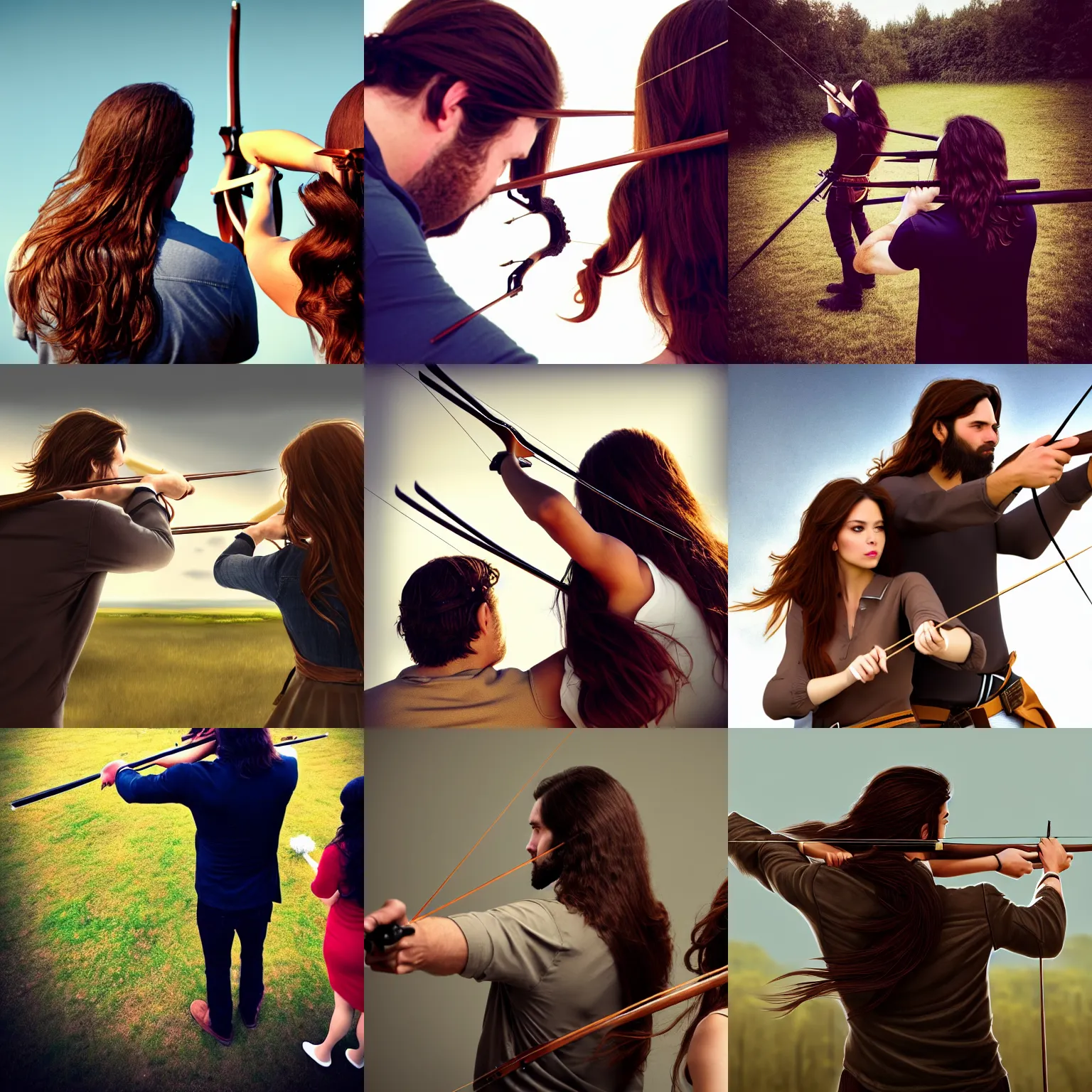 Prompt: over the shoulder shot of a man and woman with long brown hair shooting a bow side by side, trending on artstation, rule of thirds,