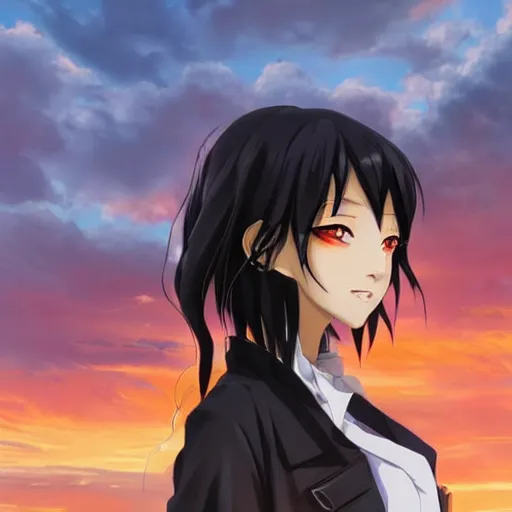 Image similar to black - haired anime girl, 1 7 - year - old anime girl with long bob cut, gothic jacket, golden hour, partly cloudy sky, red clouds, orange sky, strong lighting, strong shadows, vivid hues, ultra - realistic, sharp details, subsurface scattering, intricate details, art by artgerm, greg rutkowski, 2 0 1 9 anime screenshot