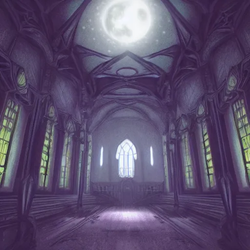 Image similar to large gothic hall with large eyes on the ceiling, horror movie, moonlight, artstation, detailed, colorfull, futuristic