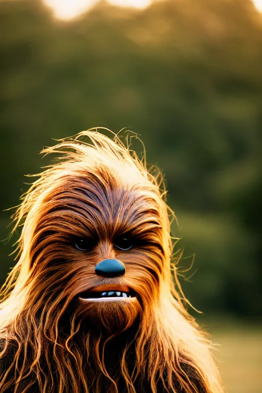 Prompt: photographic portrait of chewbacca with a comb-over blowing in the wind, trying to disguise his balding head, cinematic photography, 35mm, evening light