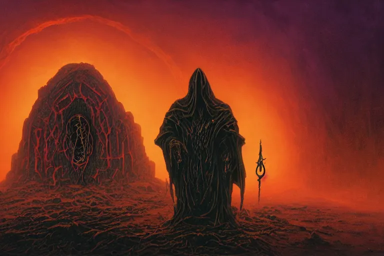 Image similar to hooded necromancer in front of a lovecraft portal by marc simonetti and mike mignola and beksinski and giger and alton kelley, rising from the void, dark neon retrowave, purple, golden and mysterious, stopped in time, atmospheric, ominous, eerie, cinematic, epic, 8 k, 4 k, ultra detail, ultra realistic, rendered by awesomeness