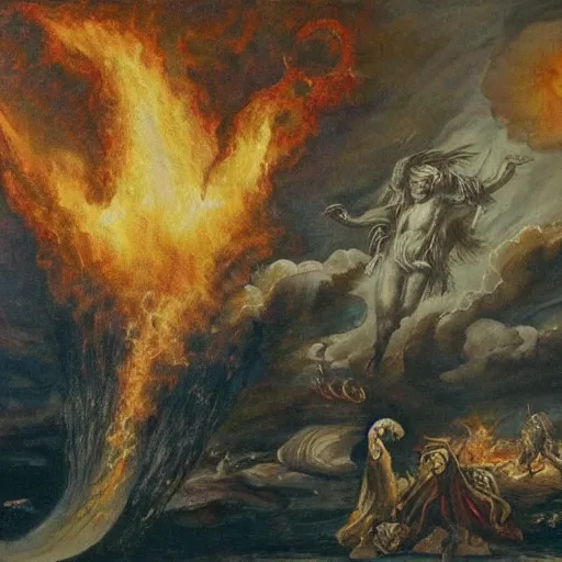 Prompt: a beautiful painting of the end of the world in fire and flame. Baroque.