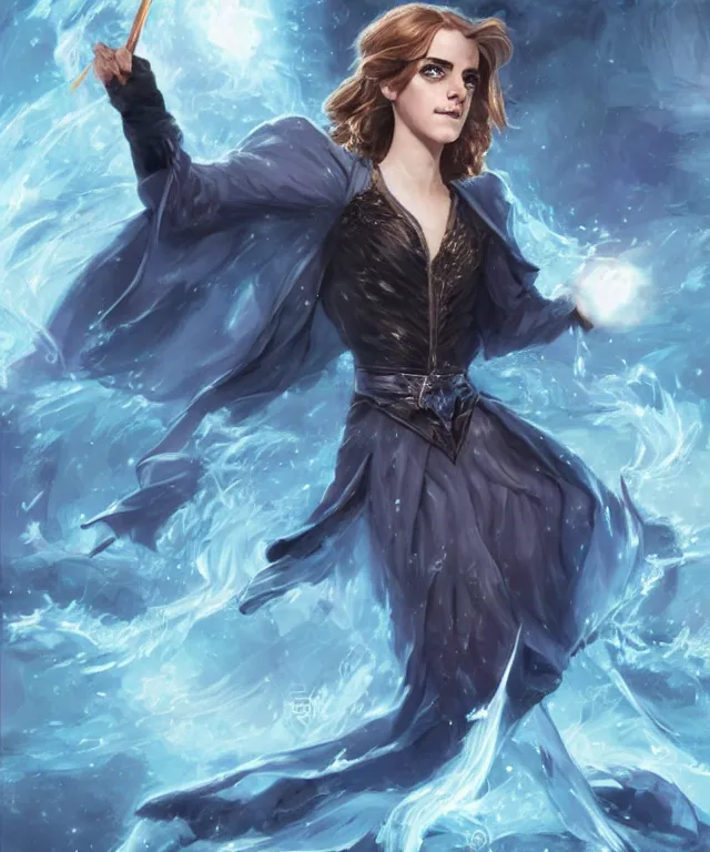 Image similar to illustration of emma watson as a ice magician, glowing eyes, trending on artstation, dynamic pose, Magic the Gathering art, art by Ralph Horsley