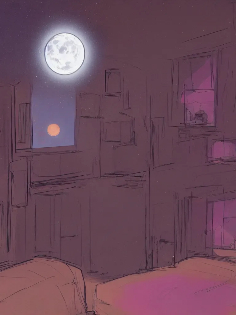 Image similar to neon moon seen through the bedroom window by disney concept artists, blunt borders, rule of thirds