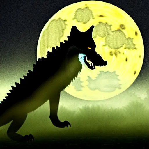 Image similar to Crocodile chimera prowling a fog covered swamp, snout and ears of a wolf, yellowish full moon