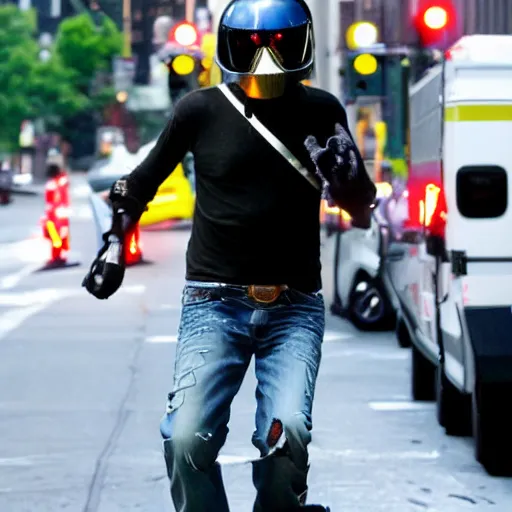 Image similar to kid rock wearing a daft punk helmet running after an ambulance in downtown new york city